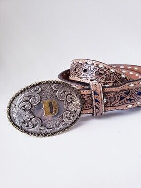 Nocona Tan Tooled Western Leather Belt With Initial D Buckle